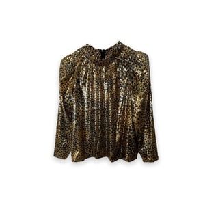 Sea NY Leopard Sequin Blouse Long Sleeve Elastic Neck Zip Back Gold Black Size 4